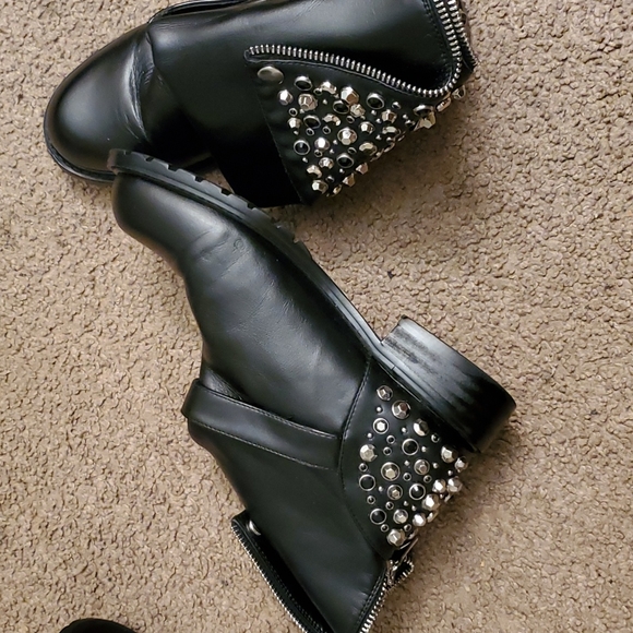SOLD MERCARI-Punk Rivet Rhinestone Mid Calf Leather Boots - Picture 5 of 10